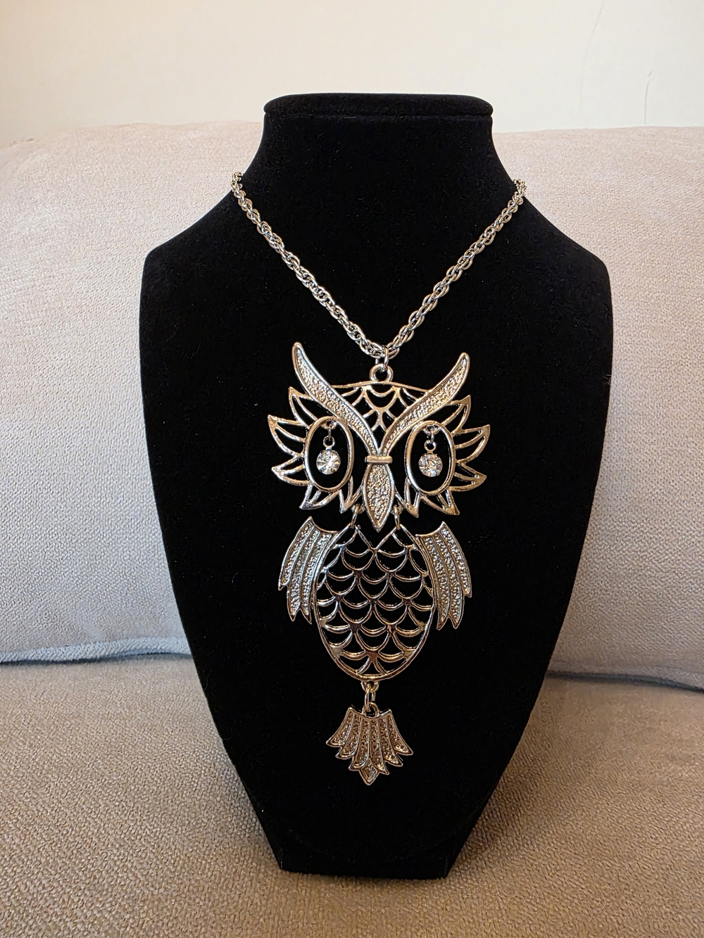 Silver Tone Owl Statement Necklace Large Pendant Boho Vintage Style